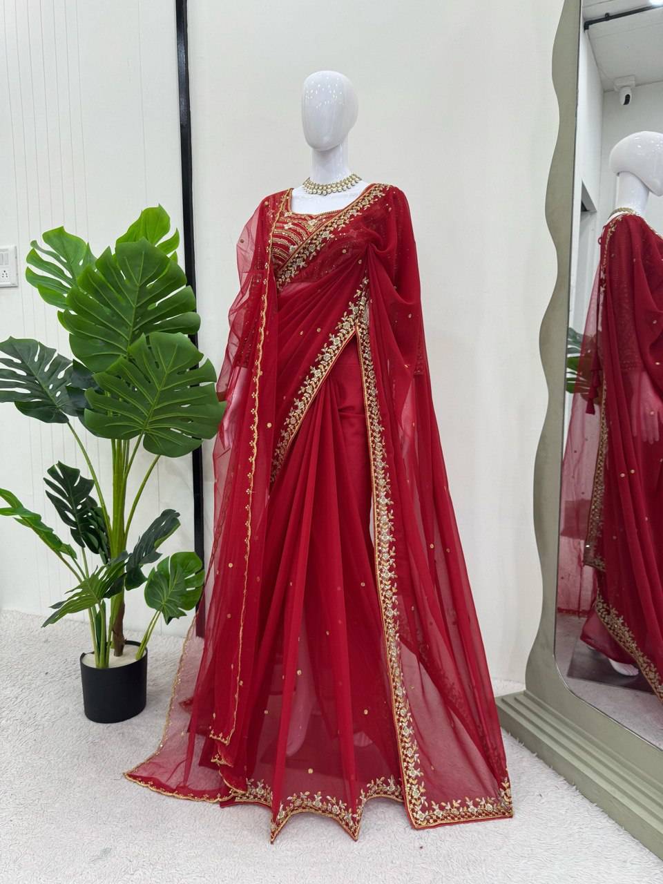 AAvaran Crimson Allure Faux Georgette Saree with Sequin Embroidery Faux Georgette Saree