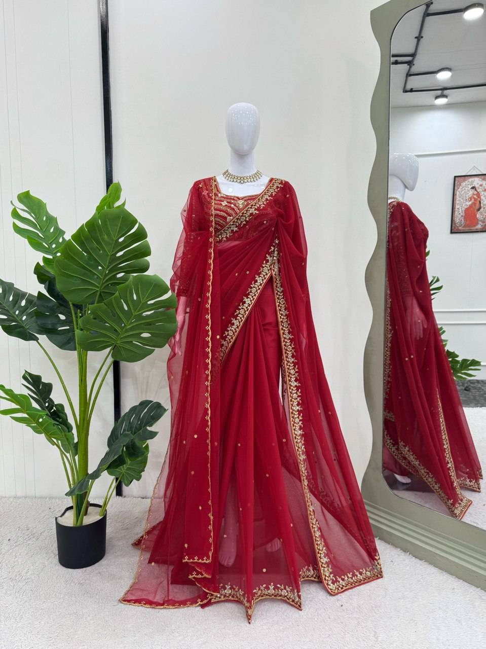 AAvaran Crimson Allure Faux Georgette Saree with Sequin Embroidery Faux Georgette Saree
