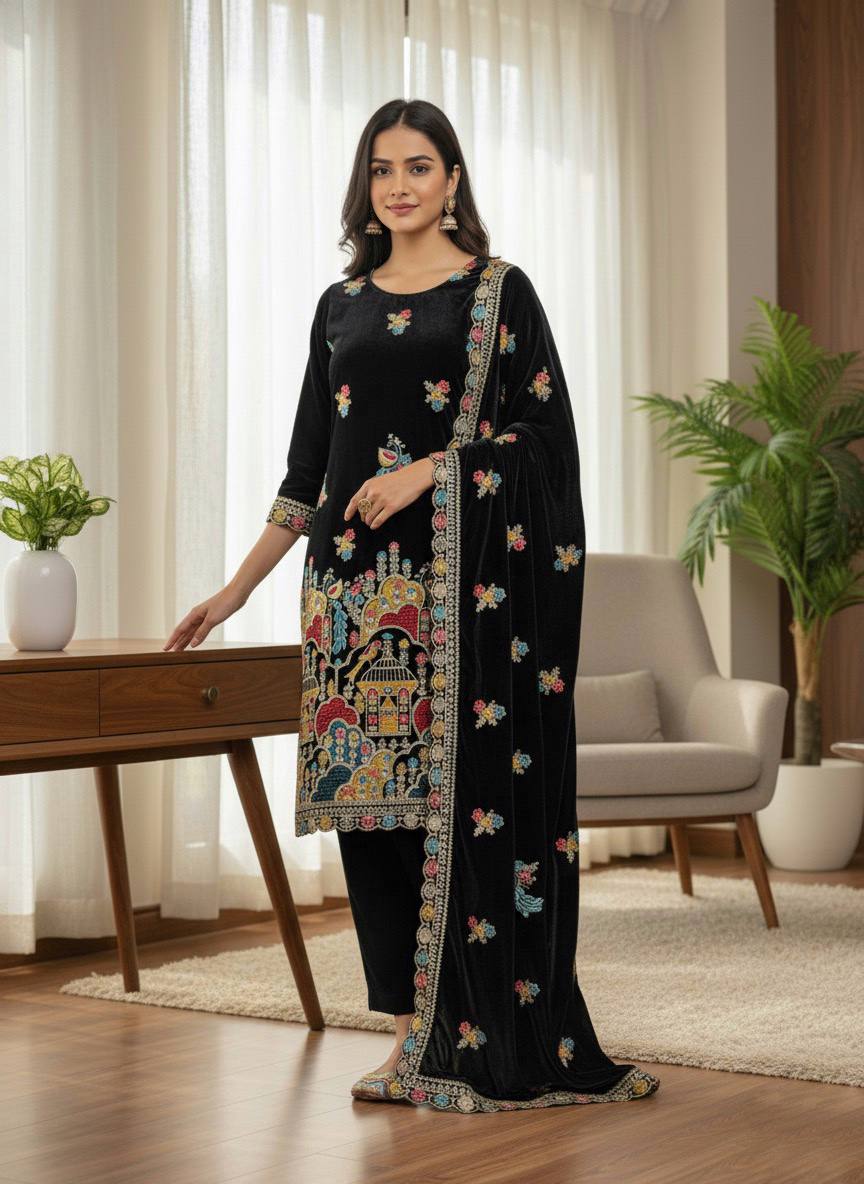 Noir Royale Velvet Embroidered Kurta Set