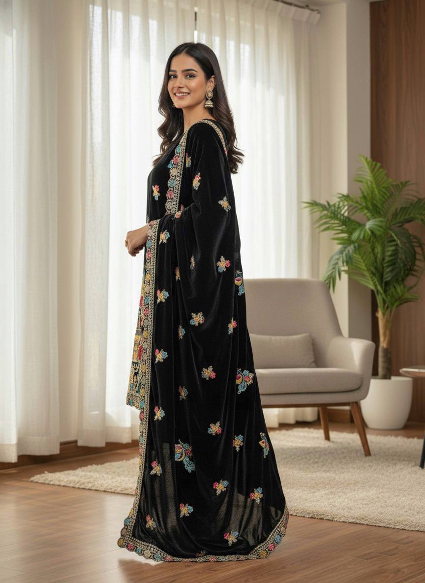 Noir Royale Velvet Embroidered Kurta Set