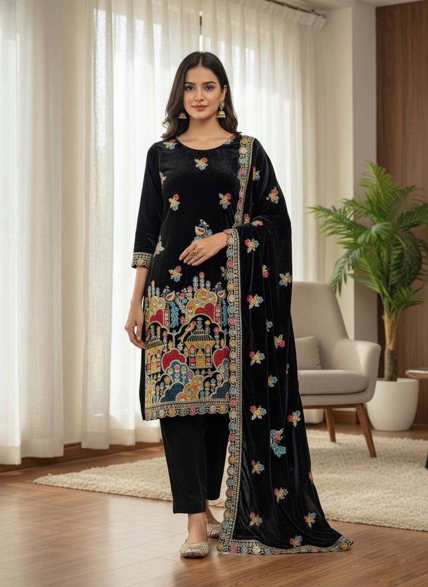 Noir Royale Velvet Embroidered Kurta Set
