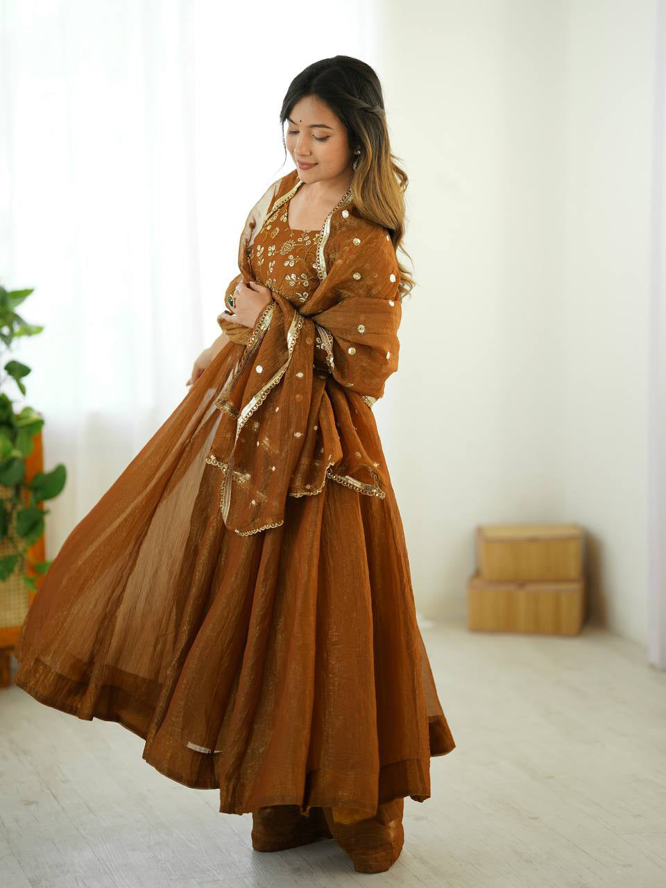 Crimson & Ochre Royale Silk Anarkali Gown by AAvaran