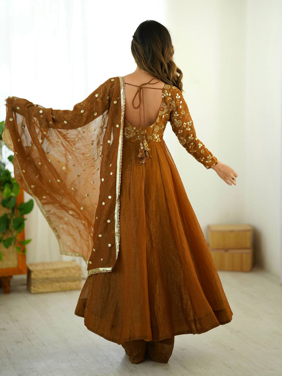 Crimson & Ochre Royale Silk Anarkali Gown by AAvaran