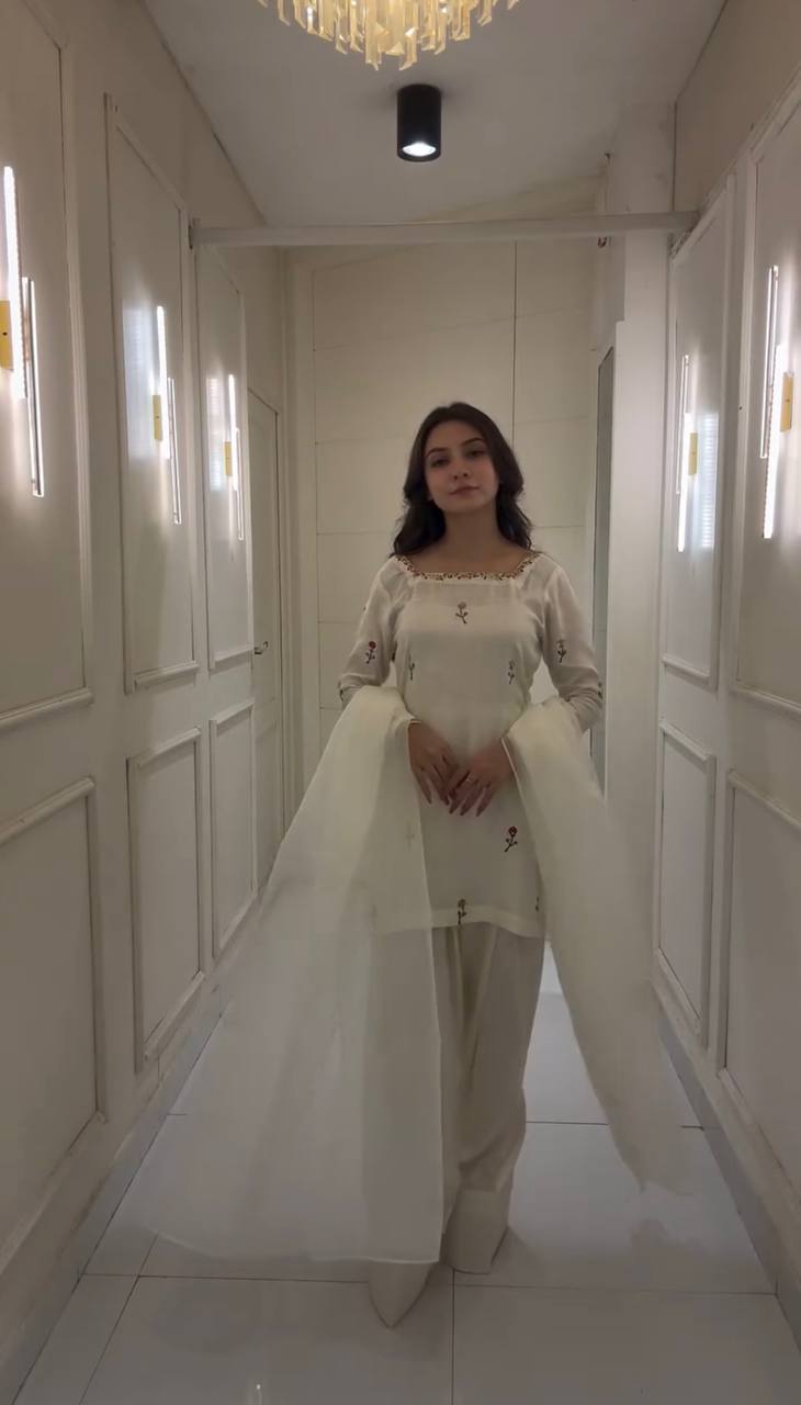 AAvaran White Chinon Silk Salwar Set with Floral Embroidery Work | AAvaran Kurti Set with dupatta & Sharara Plazo