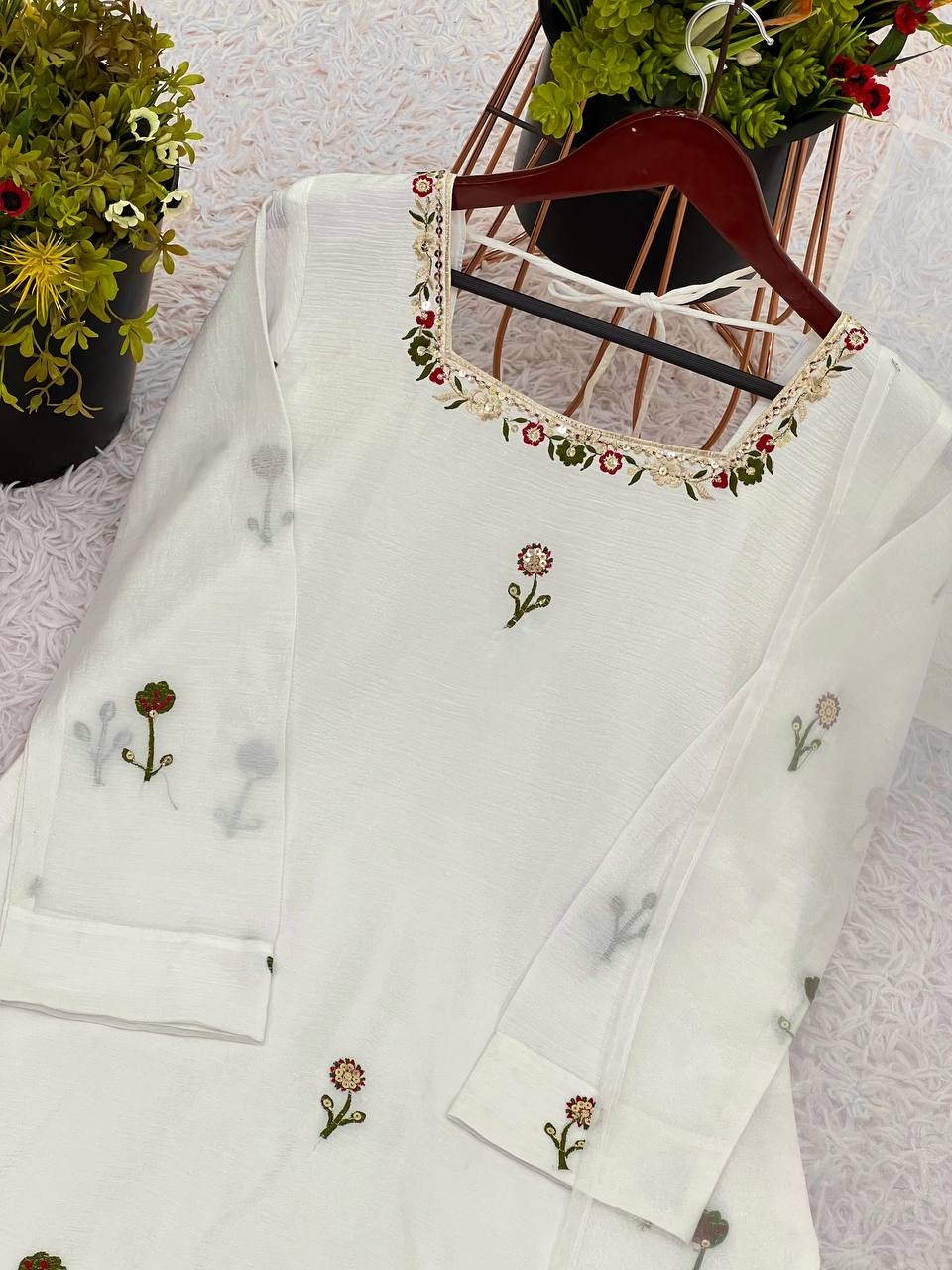 AAvaran White Chinon Silk Salwar Set with Floral Embroidery Work | AAvaran Kurti Set with dupatta & Sharara Plazo