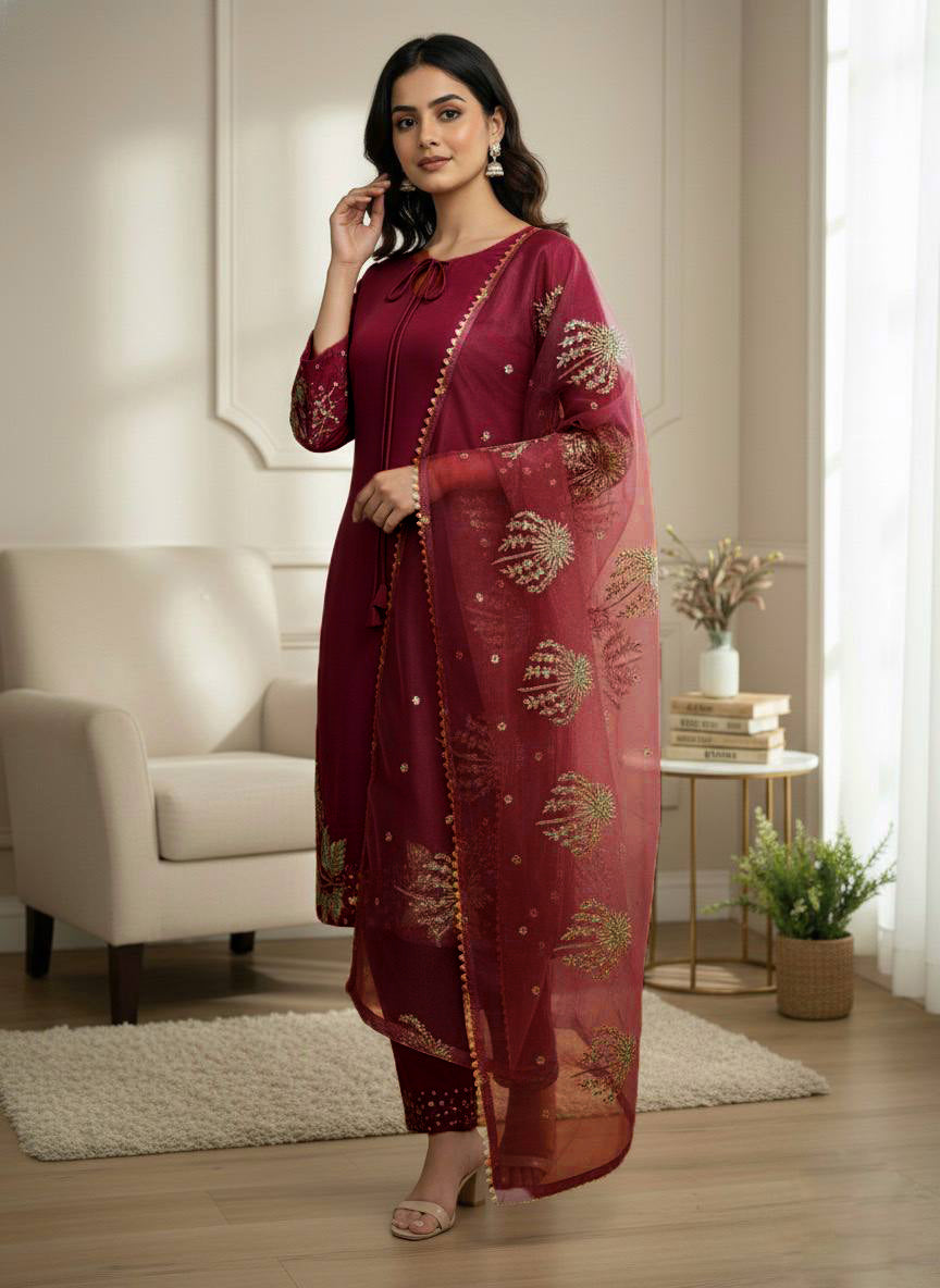 Ethereal Crepe Silk Embroidered Kurta Set by AAvaran