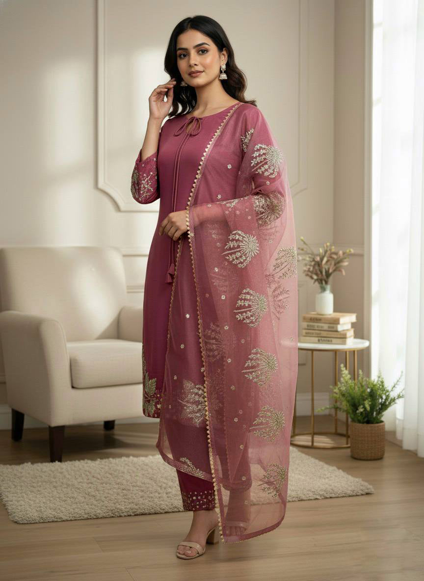 Ethereal Crepe Silk Embroidered Kurta Set by AAvaran