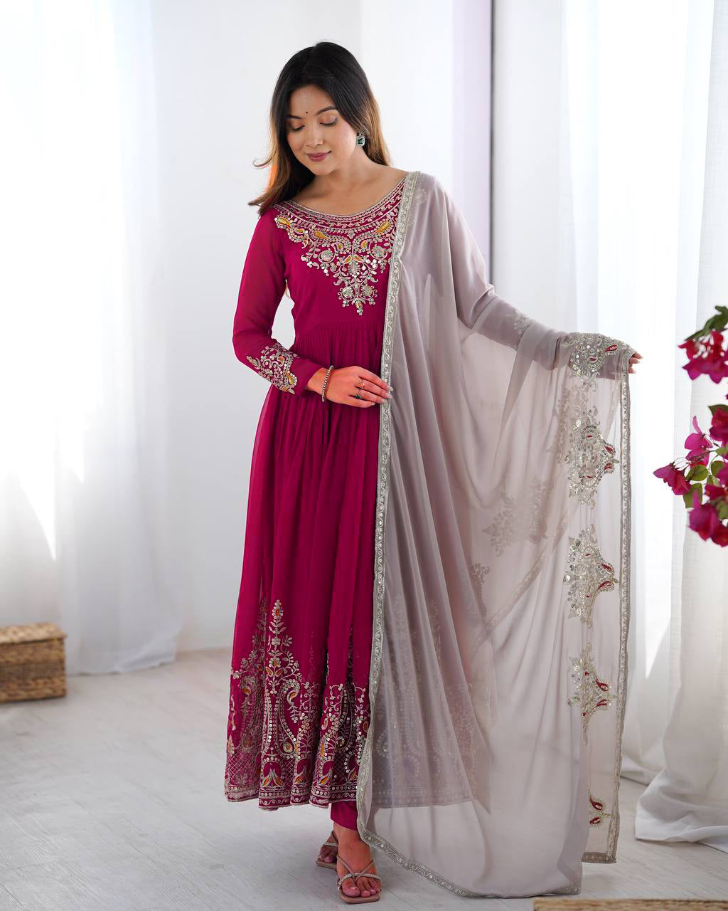 AAvaran AAvaran Faux Georgette Embroidered Anarkali Suit Set with Dupatta Anarkali Set with dupatta & Pant