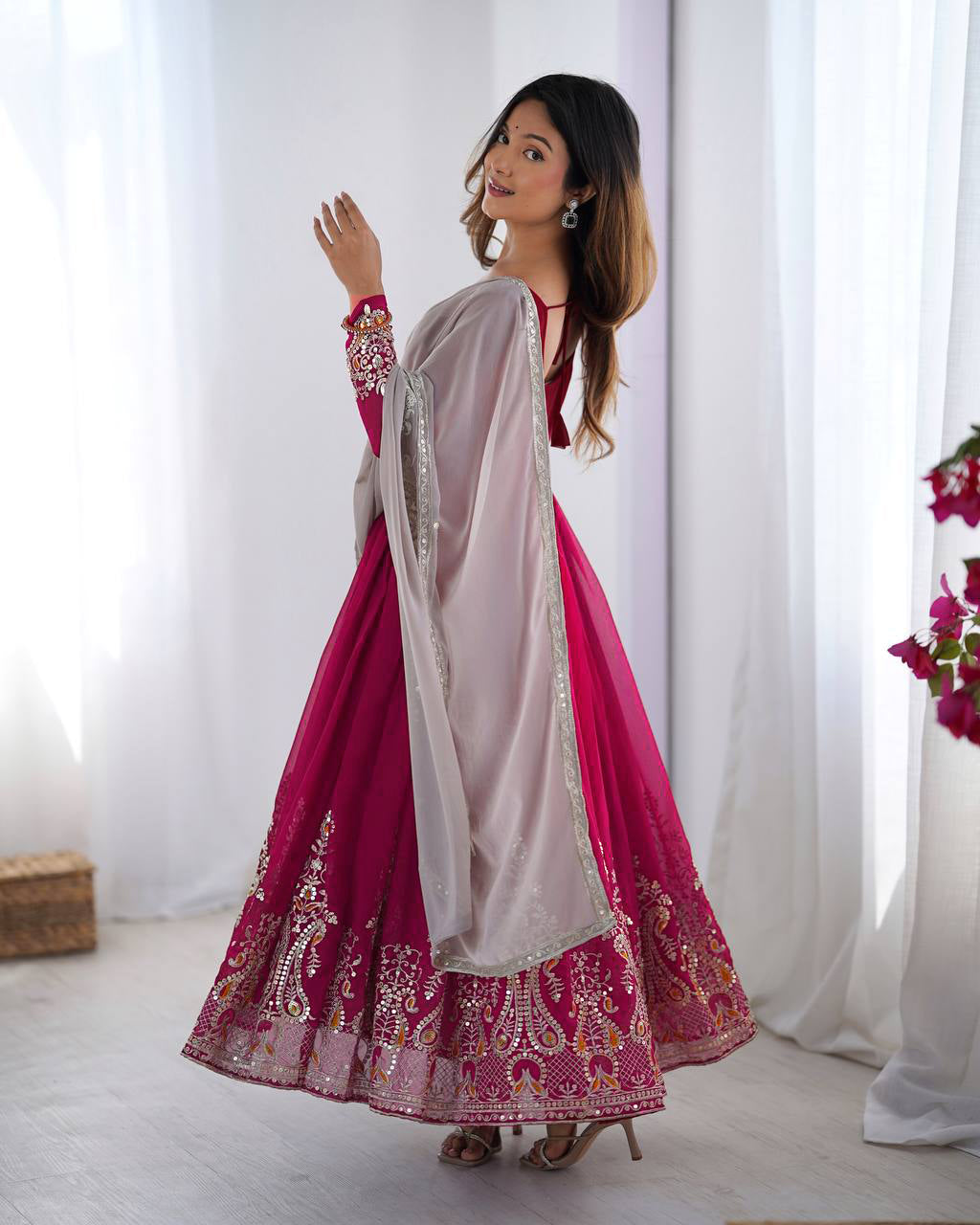 AAvaran AAvaran Faux Georgette Embroidered Anarkali Suit Set with Dupatta Ruby Red Anarkali Set with dupatta & Pant