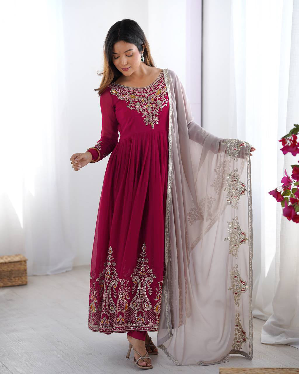 AAvaran AAvaran Faux Georgette Embroidered Anarkali Suit Set with Dupatta Anarkali Set with dupatta & Pant