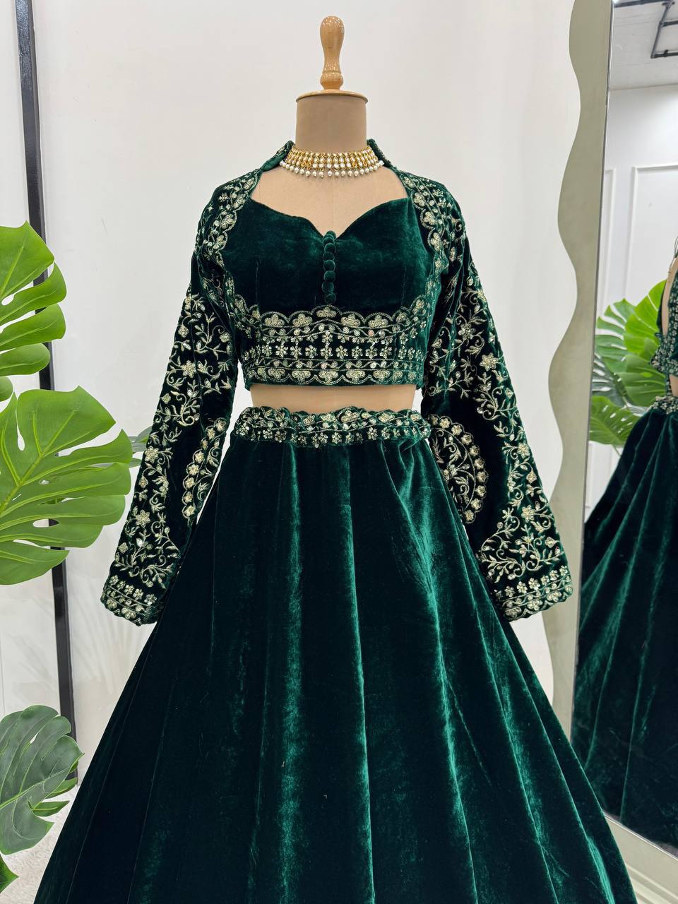 Emerald Luxe Velvet Embellished Lehenga Set