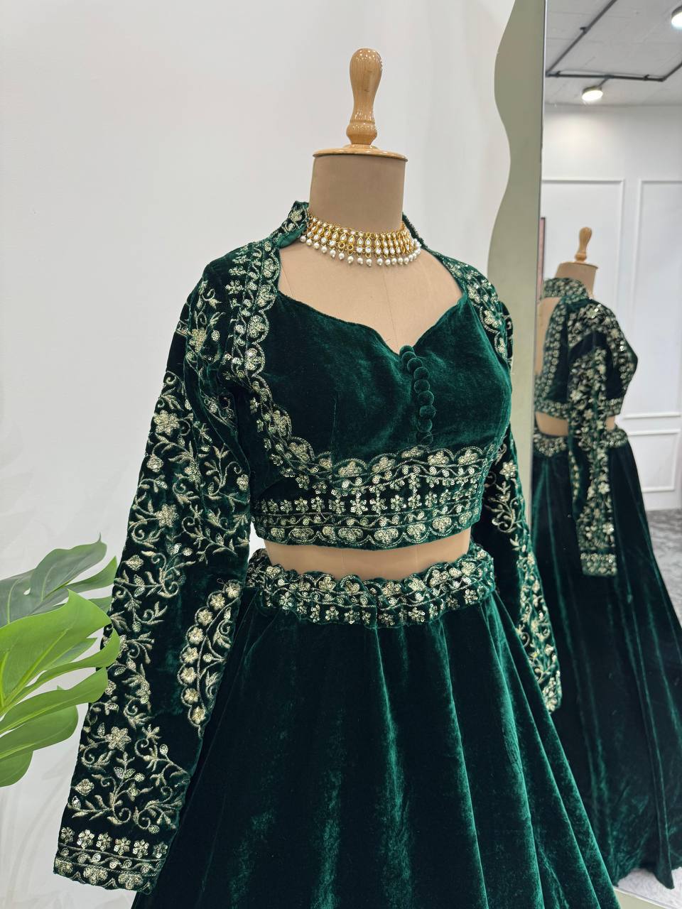 Emerald Luxe Velvet Embellished Lehenga Set