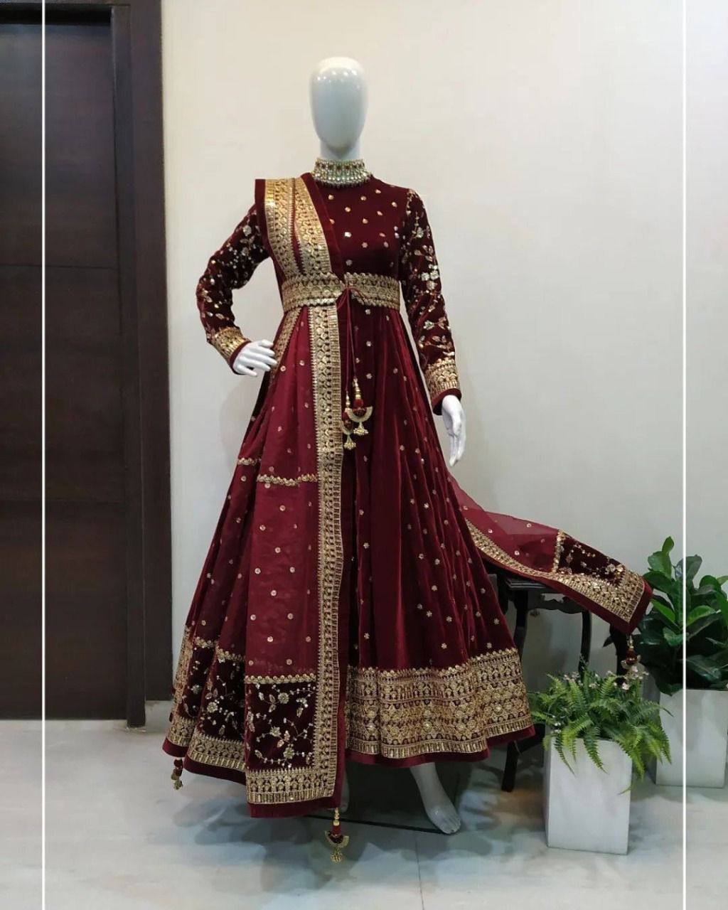 Maroon Royal Velvet Sequence Work Gown Set