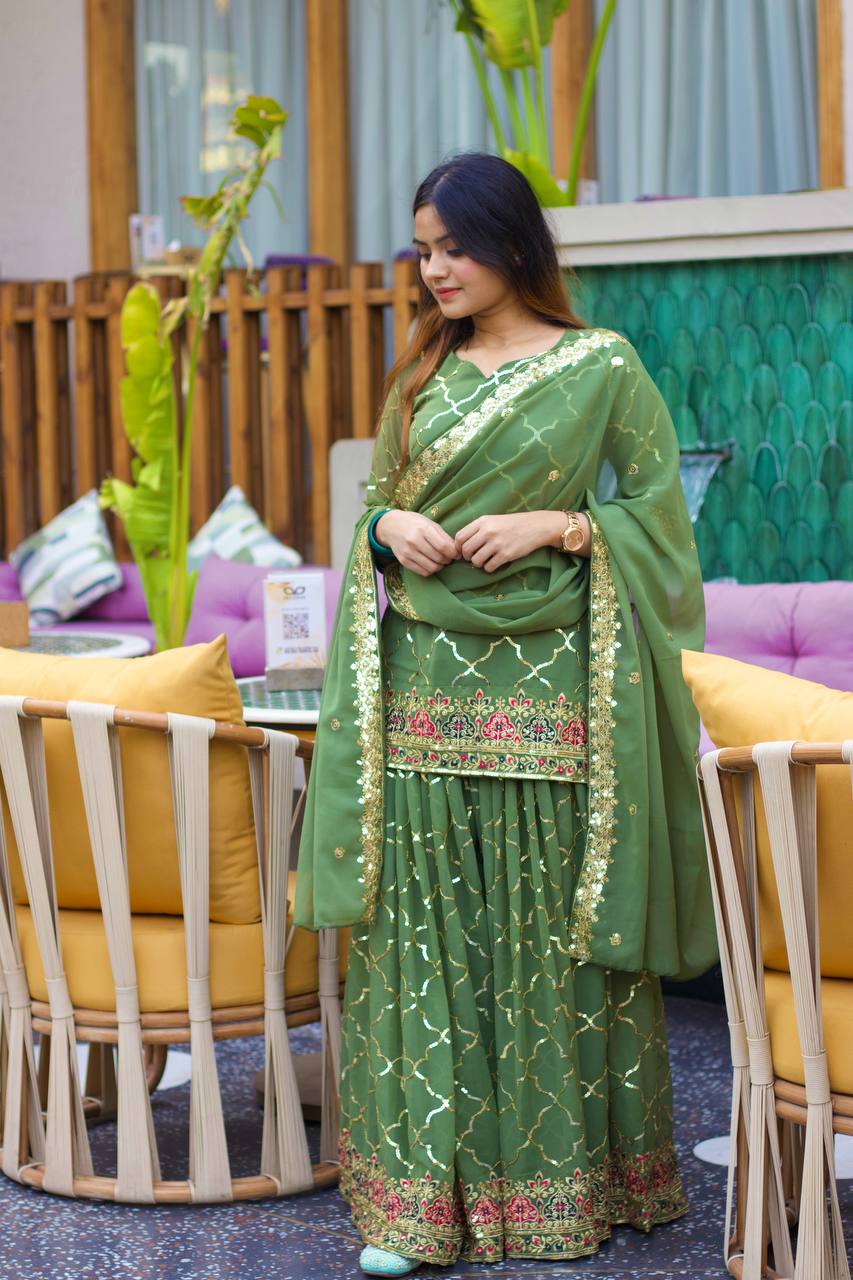 AAvaran AAvaran Pistachio & Dark Yellow Chinon Silk Embroidered Sharara Plazo Set Pistachio Kurti Set with dupatta & Sharara Plazo