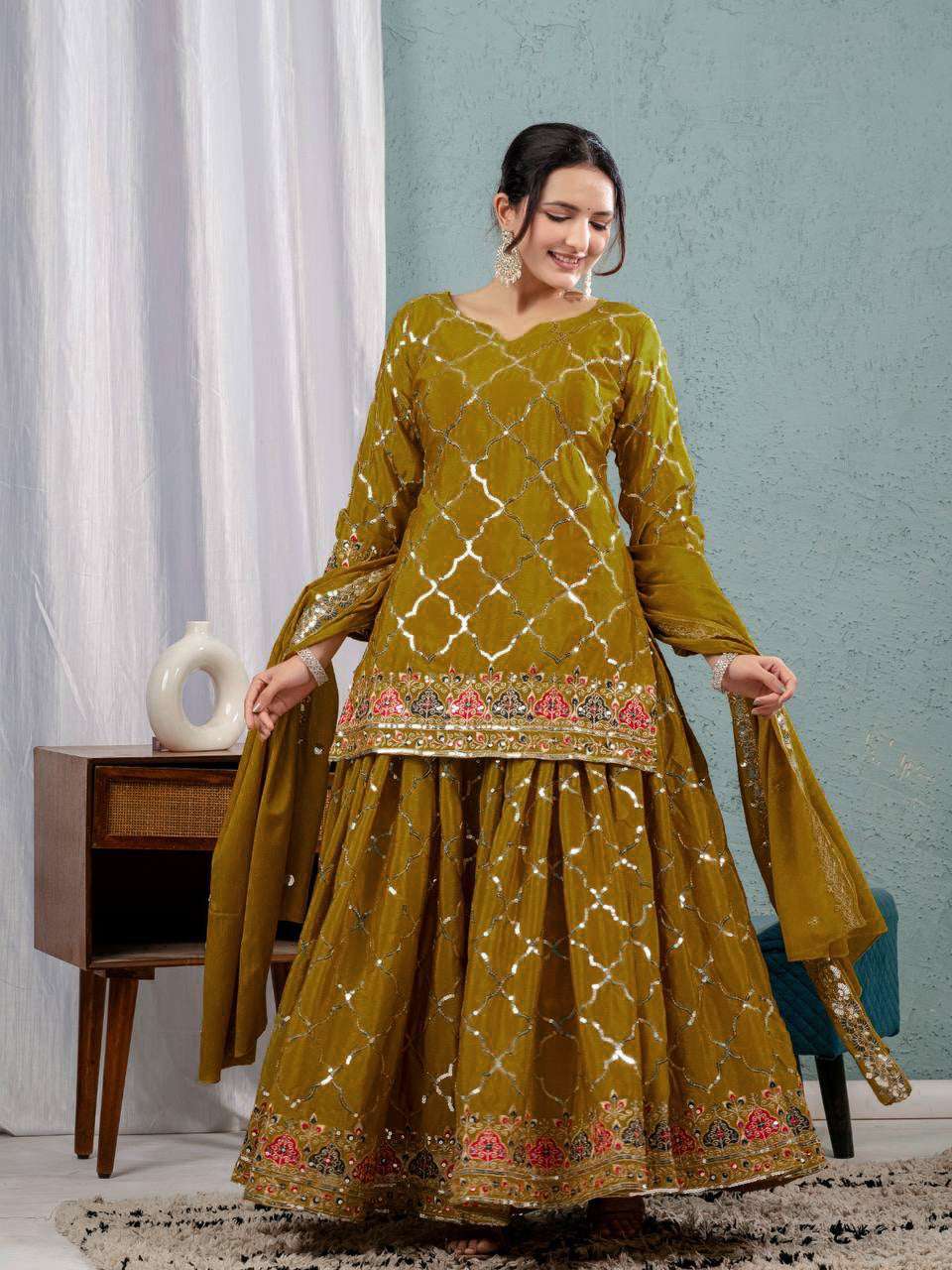AAvaran AAvaran Pistachio & Dark Yellow Chinon Silk Embroidered Sharara Plazo Set Kurti Set with dupatta & Sharara Plazo