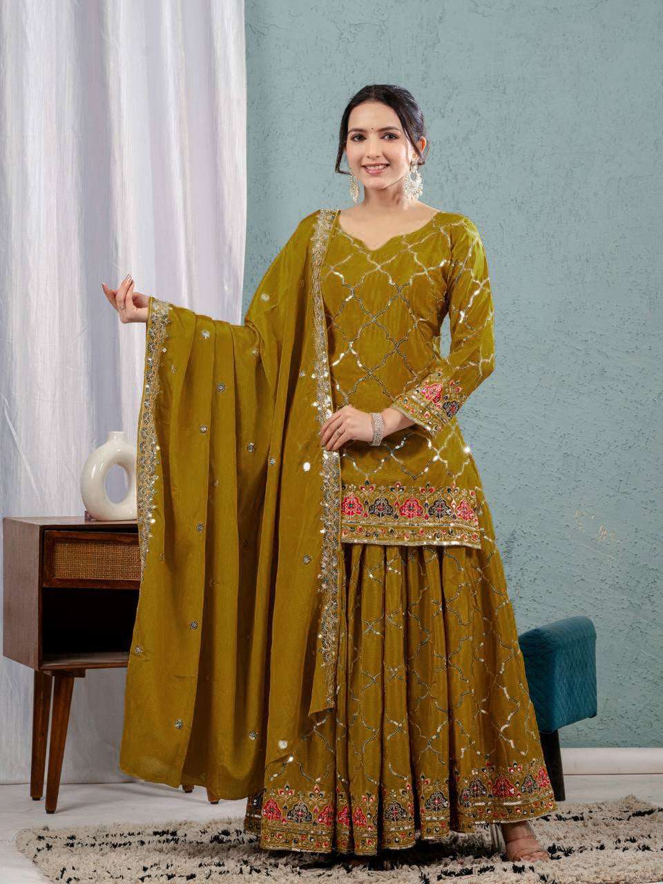 AAvaran AAvaran Pistachio & Dark Yellow Chinon Silk Embroidered Sharara Plazo Set Dark Yellow Kurti Set with dupatta & Sharara Plazo