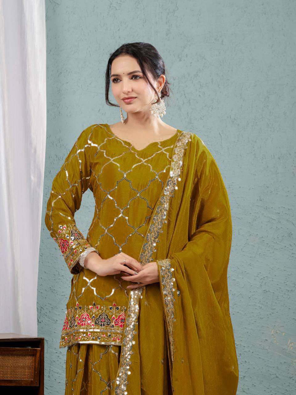 AAvaran AAvaran Pistachio & Dark Yellow Chinon Silk Embroidered Sharara Plazo Set Kurti Set with dupatta & Sharara Plazo