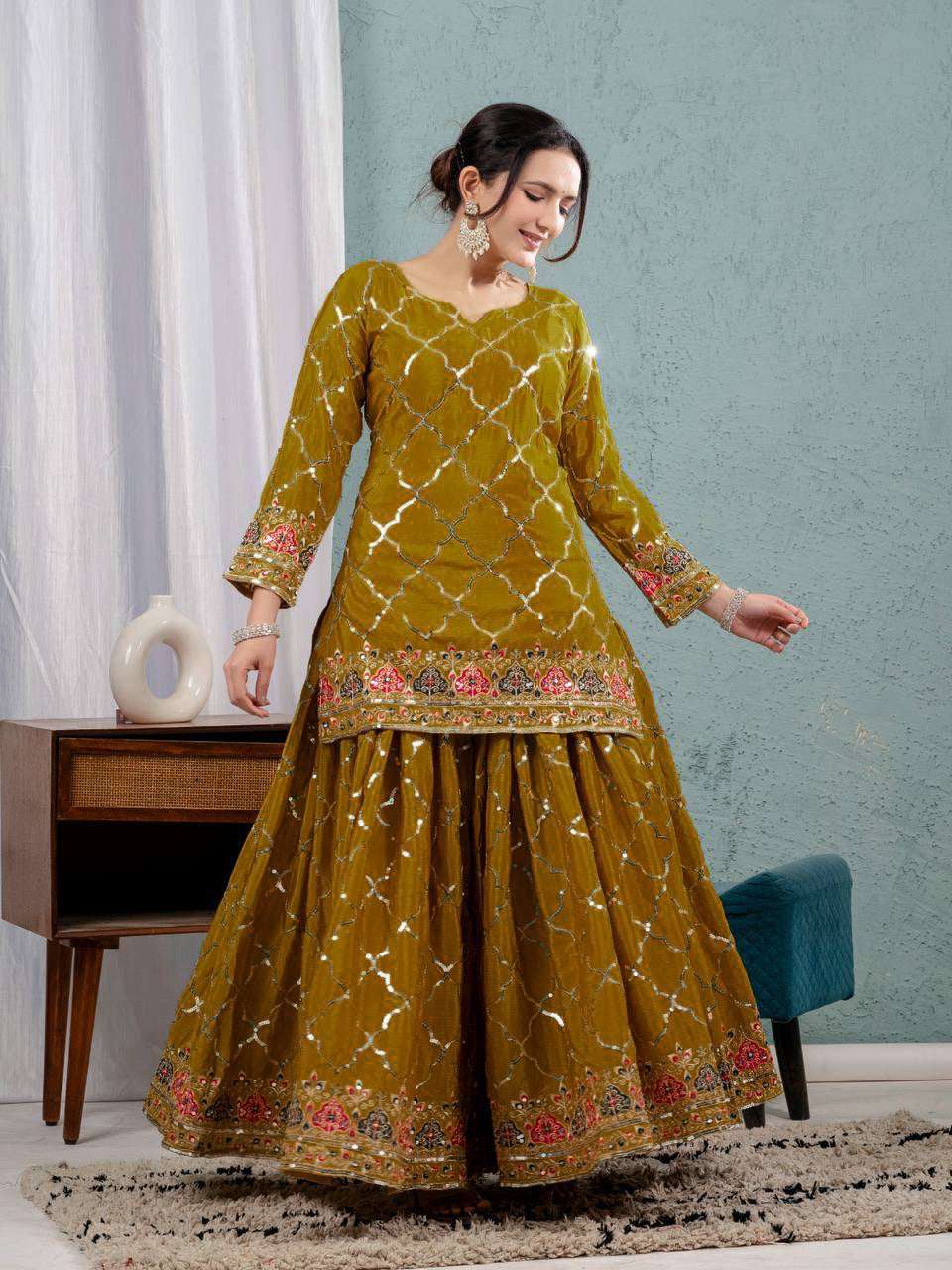 AAvaran AAvaran Pistachio & Dark Yellow Chinon Silk Embroidered Sharara Plazo Set Kurti Set with dupatta & Sharara Plazo