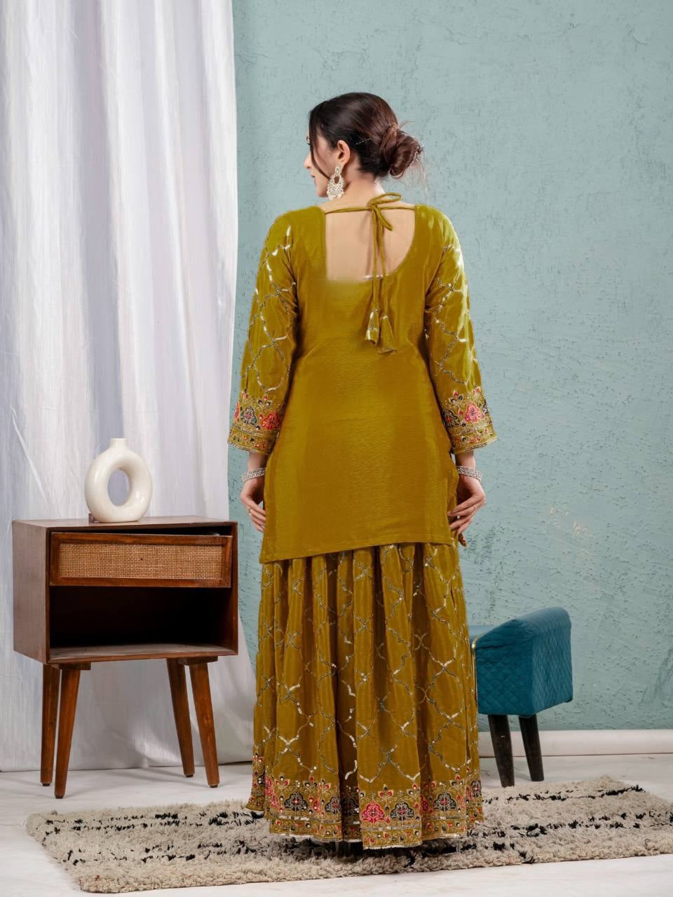 AAvaran AAvaran Pistachio & Dark Yellow Chinon Silk Embroidered Sharara Plazo Set Kurti Set with dupatta & Sharara Plazo