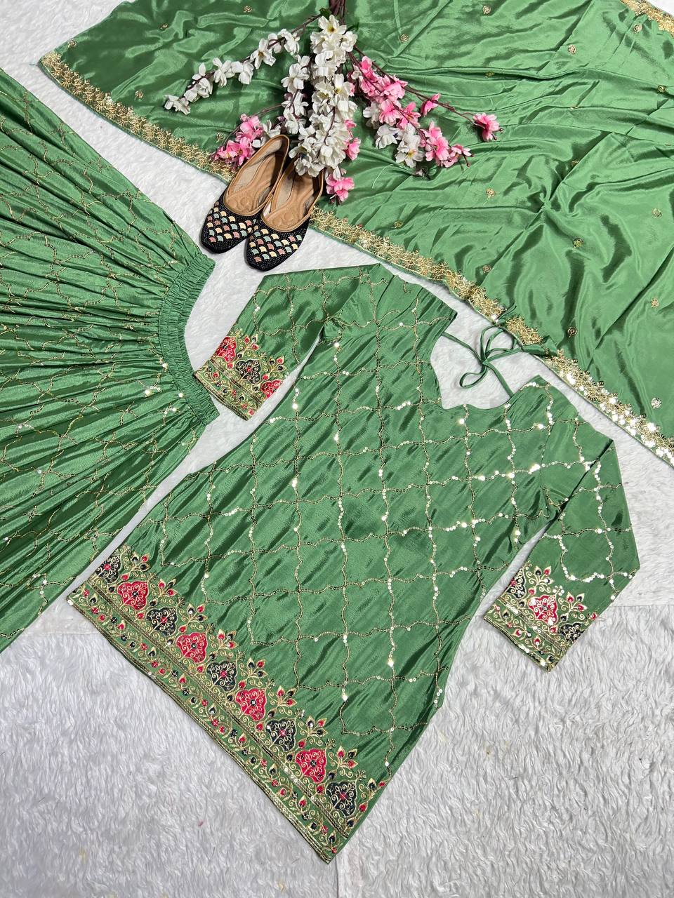 AAvaran AAvaran Pistachio & Dark Yellow Chinon Silk Embroidered Sharara Plazo Set Kurti Set with dupatta & Sharara Plazo