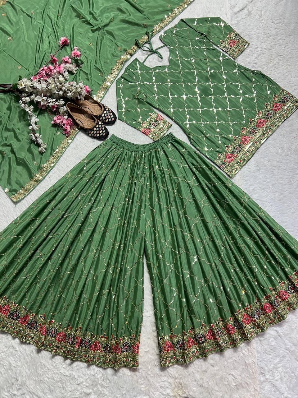 AAvaran AAvaran Pistachio & Dark Yellow Chinon Silk Embroidered Sharara Plazo Set Kurti Set with dupatta & Sharara Plazo