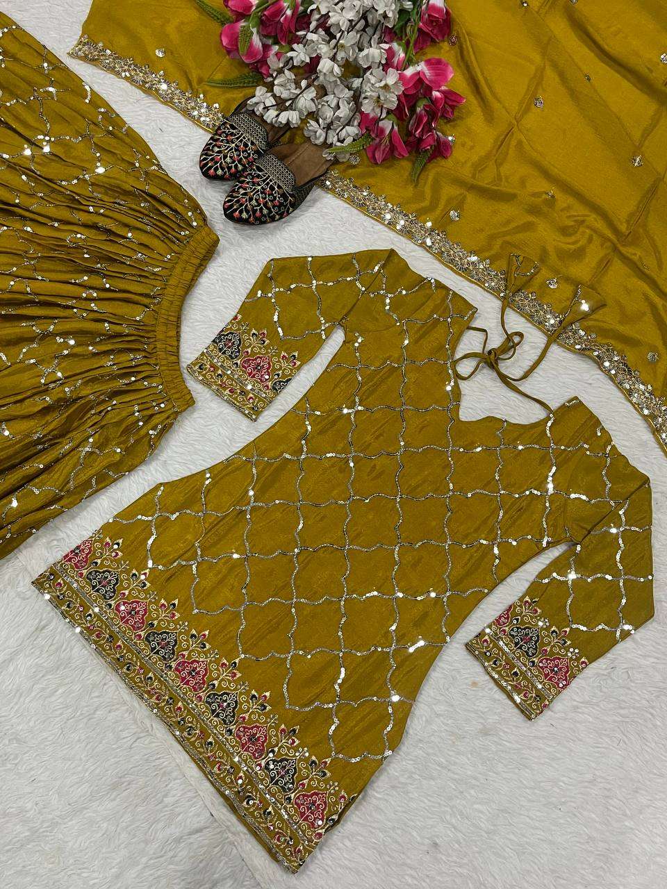 AAvaran AAvaran Pistachio & Dark Yellow Chinon Silk Embroidered Sharara Plazo Set Kurti Set with dupatta & Sharara Plazo