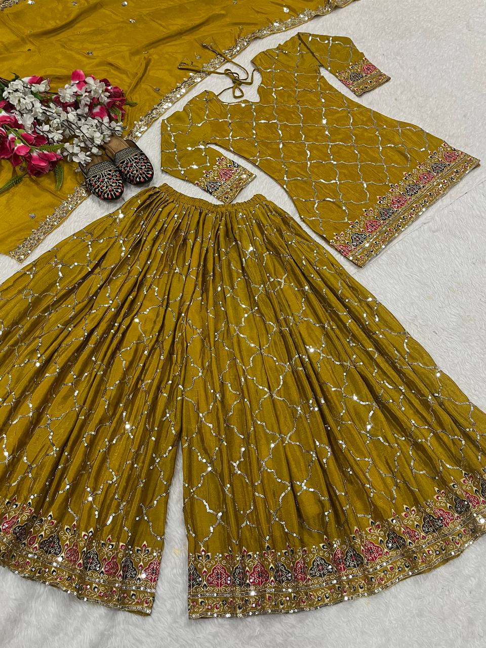 AAvaran AAvaran Pistachio & Dark Yellow Chinon Silk Embroidered Sharara Plazo Set Kurti Set with dupatta & Sharara Plazo