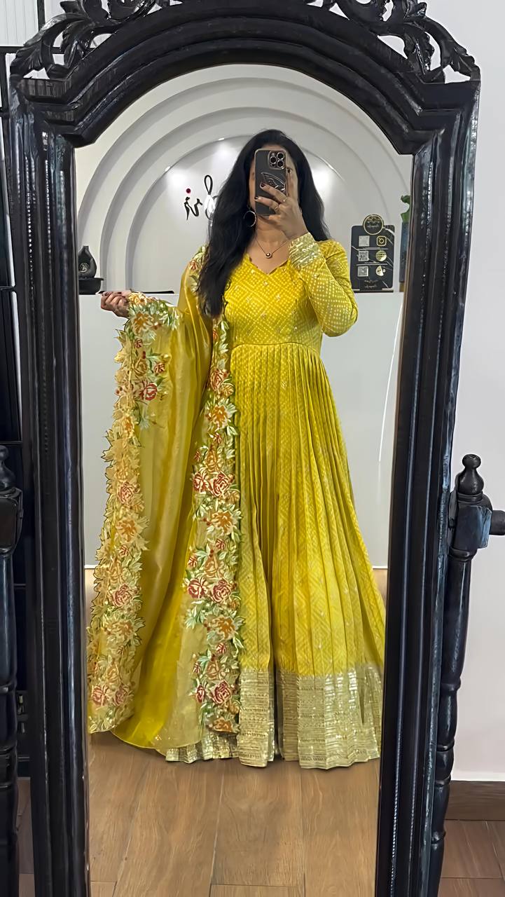 AAvaran Embroidered Chinon Silk Anarkali Set with Net Dupatta