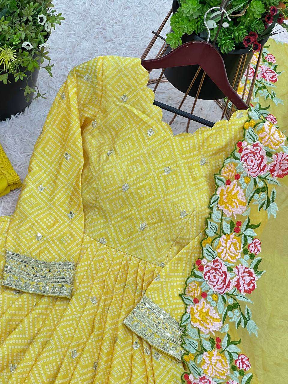 AAvaran Embroidered Chinon Silk Anarkali Set with Net Dupatta