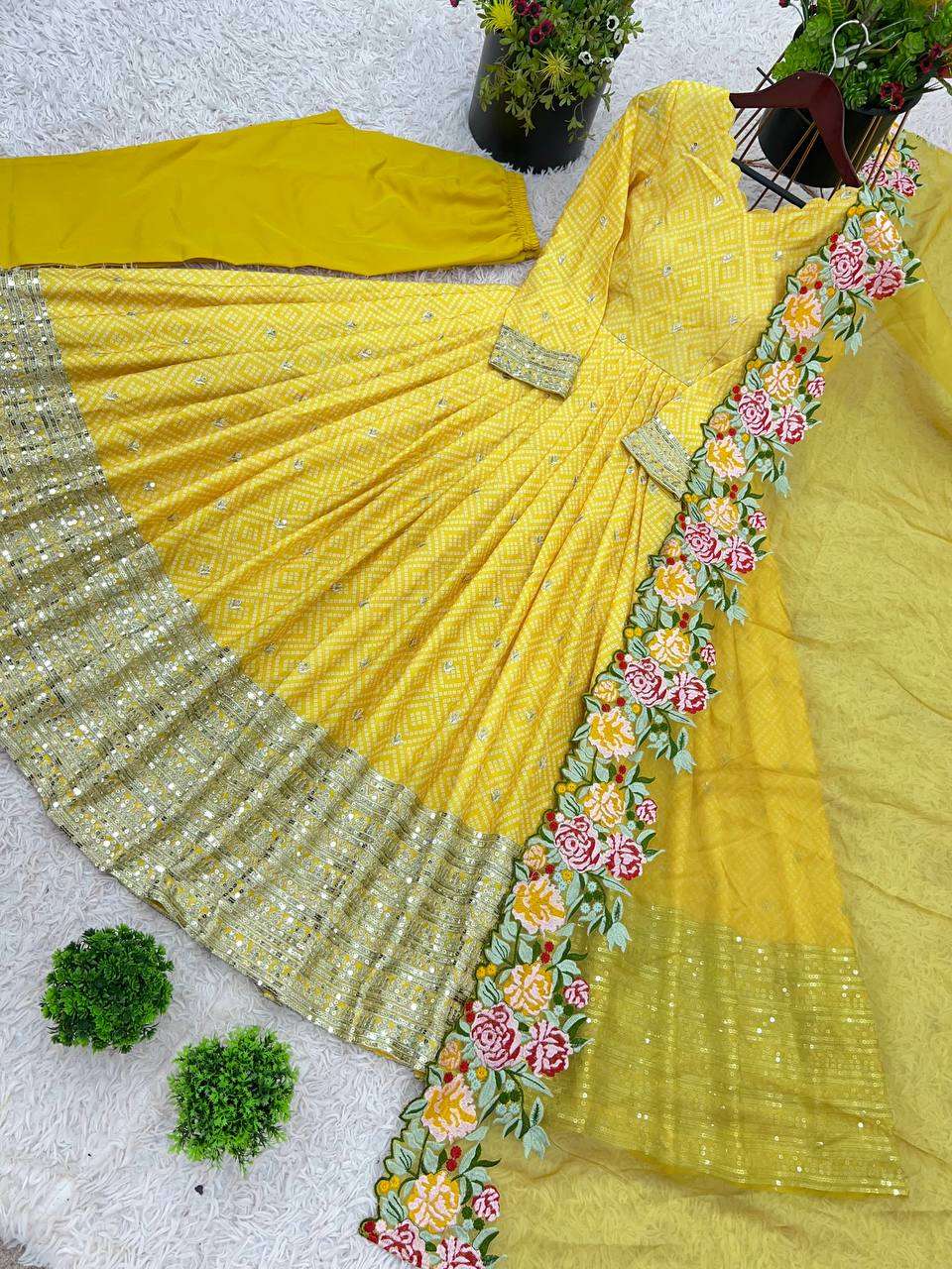 AAvaran Embroidered Chinon Silk Anarkali Set with Net Dupatta