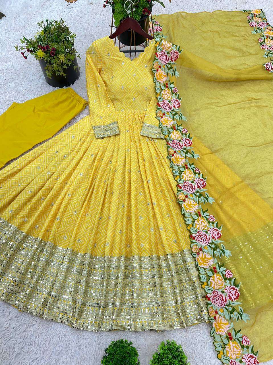 AAvaran Embroidered Chinon Silk Anarkali Set with Net Dupatta