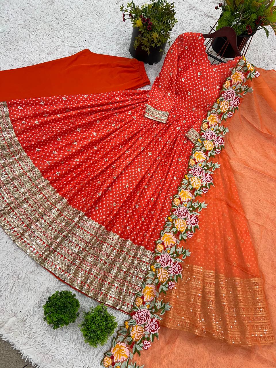 AAvaran Embroidered Chinon Silk Anarkali Set with Net Dupatta