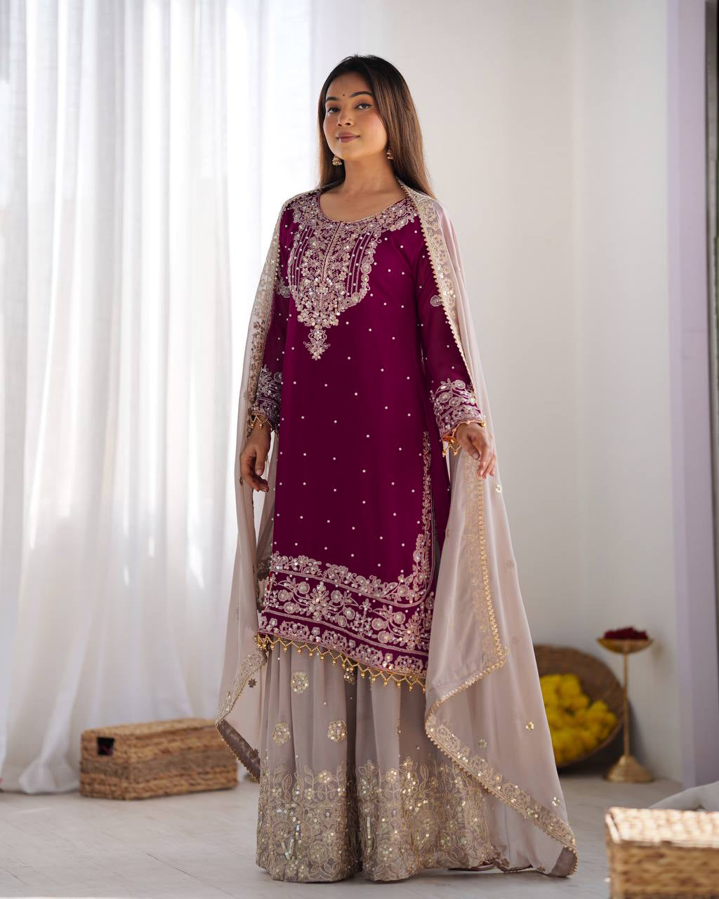 AAvaran Faux Georgette Kurta with Sharara Suit | AAvaran Burgundy Kurti Set with dupatta & Sharara Plazo