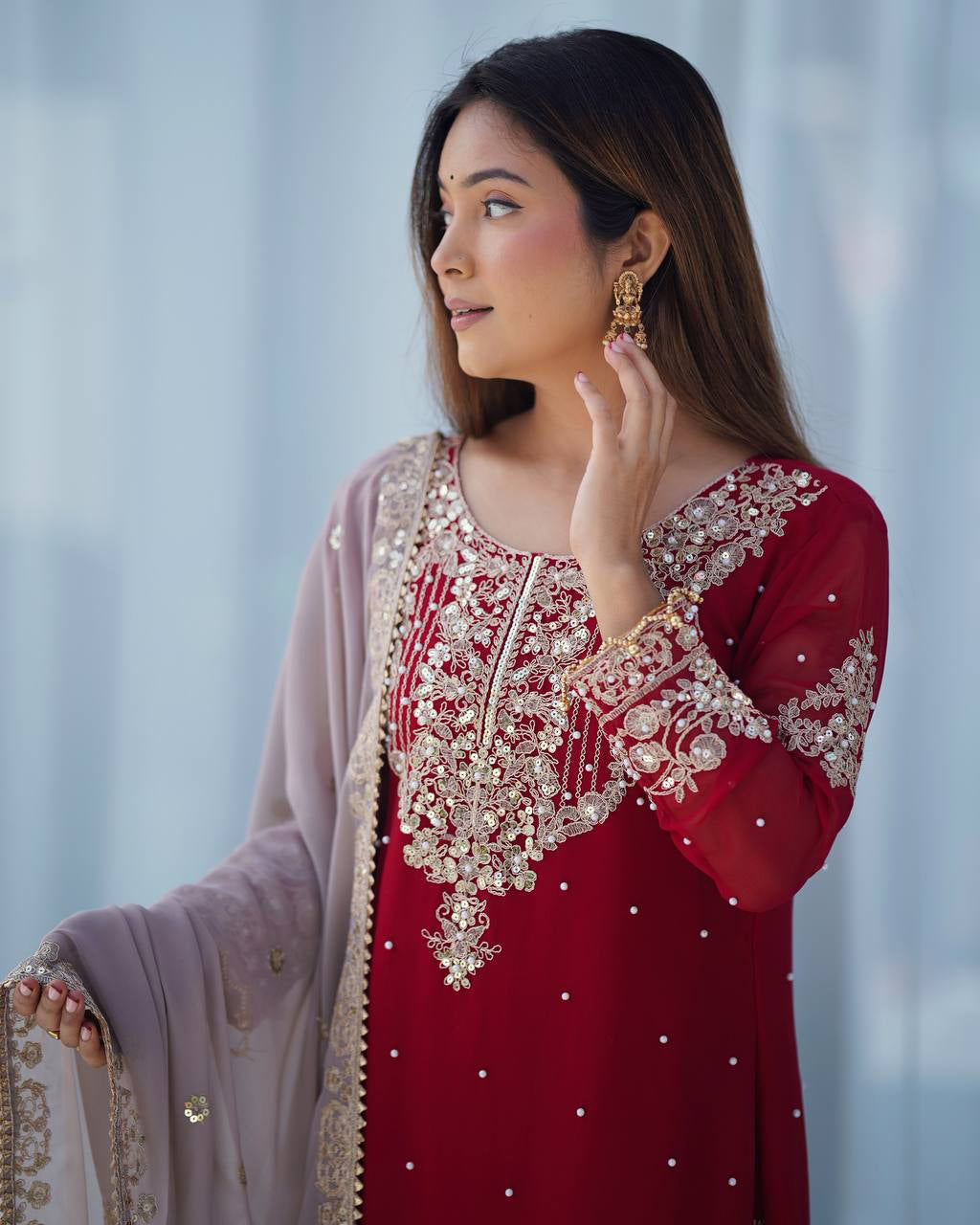 AAvaran Faux Georgette Kurta with Sharara Suit | AAvaran Cherry Red Kurti Set with dupatta & Sharara Plazo
