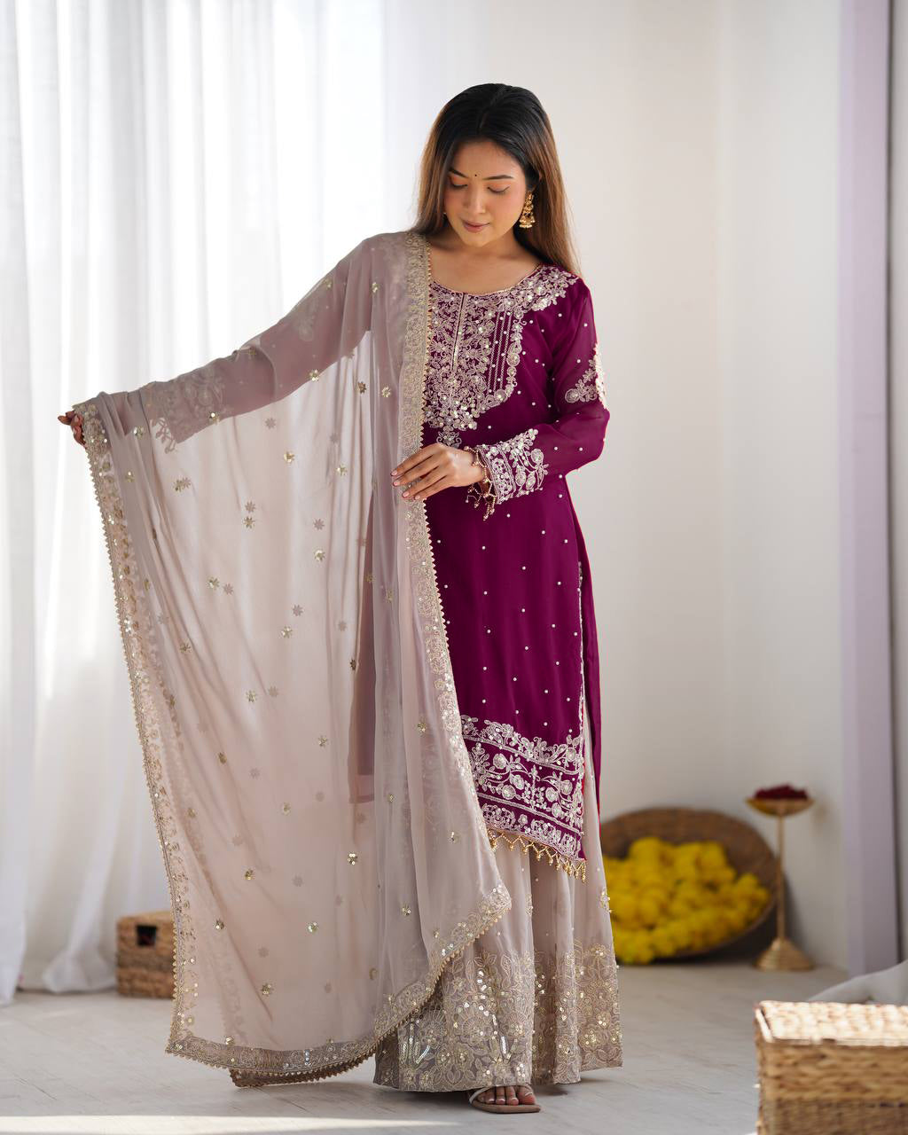 AAvaran Faux Georgette Kurta with Sharara Suit | AAvaran Kurti Set with dupatta & Sharara Plazo