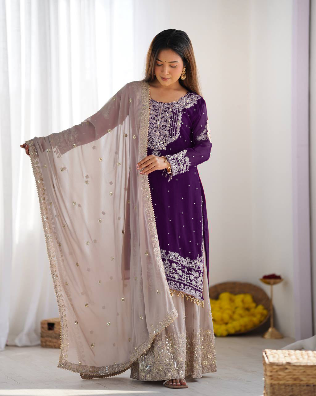 AAvaran Faux Georgette Kurta with Sharara Suit | AAvaran Kurti Set with dupatta & Sharara Plazo