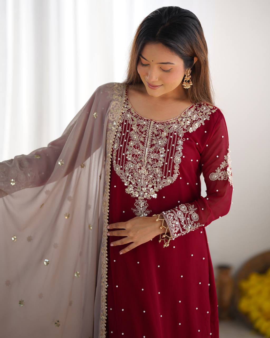 AAvaran Faux Georgette Kurta with Sharara Suit | AAvaran Kurti Set with dupatta & Sharara Plazo