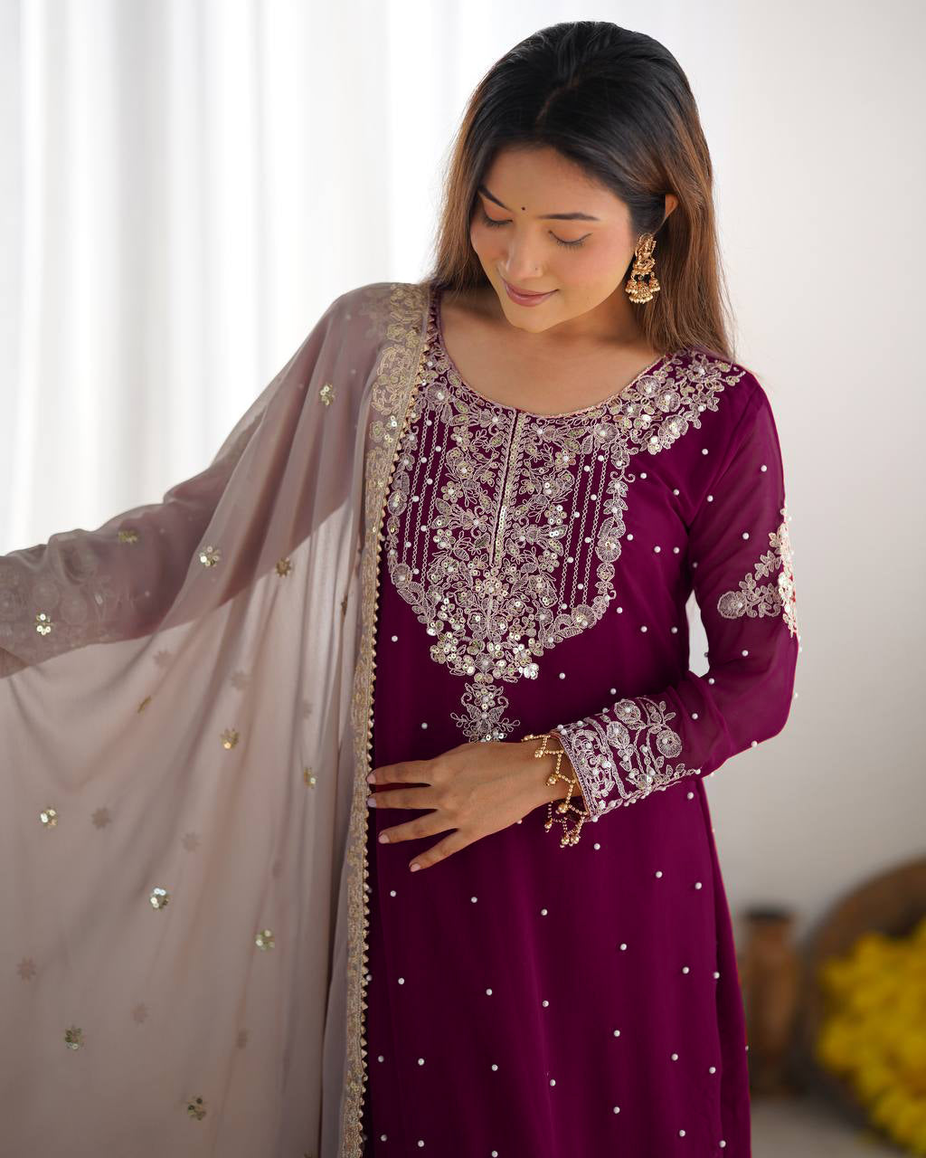 AAvaran Faux Georgette Kurta with Sharara Suit | AAvaran Kurti Set with dupatta & Sharara Plazo