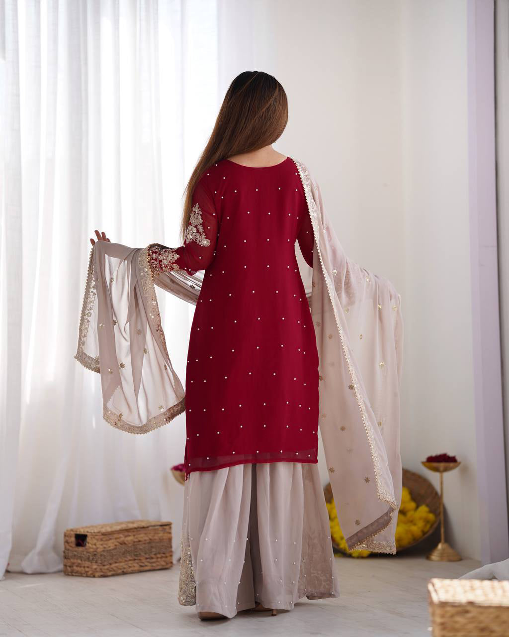 AAvaran Faux Georgette Kurta with Sharara Suit | AAvaran Kurti Set with dupatta & Sharara Plazo