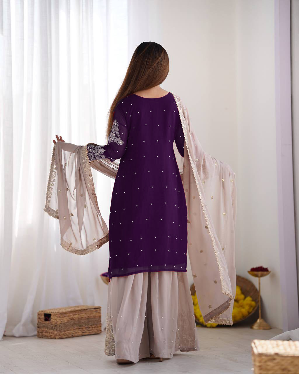 AAvaran Faux Georgette Kurta with Sharara Suit | AAvaran Kurti Set with dupatta & Sharara Plazo