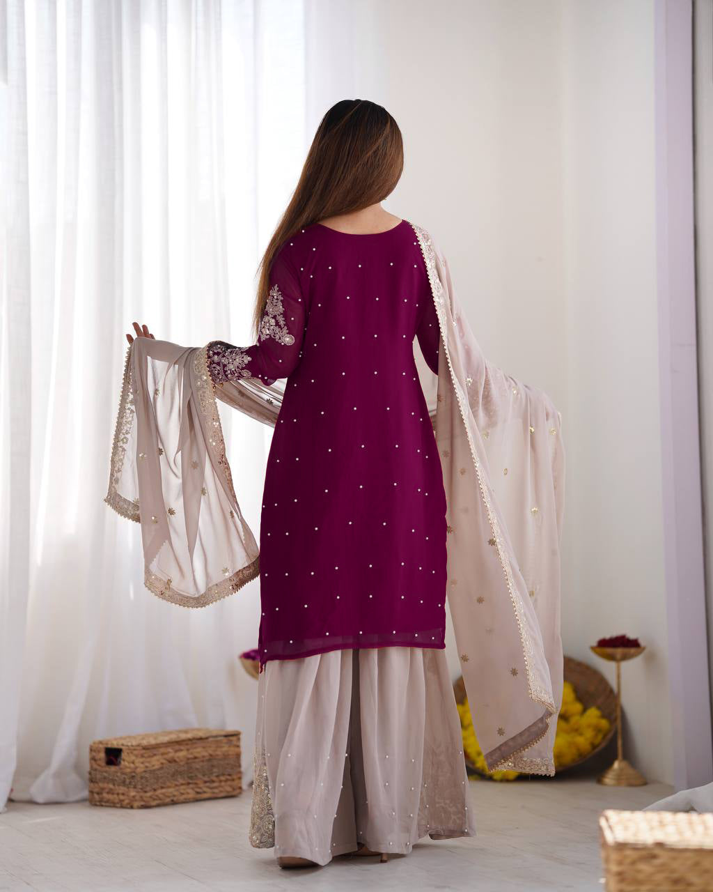 AAvaran Faux Georgette Kurta with Sharara Suit | AAvaran Kurti Set with dupatta & Sharara Plazo