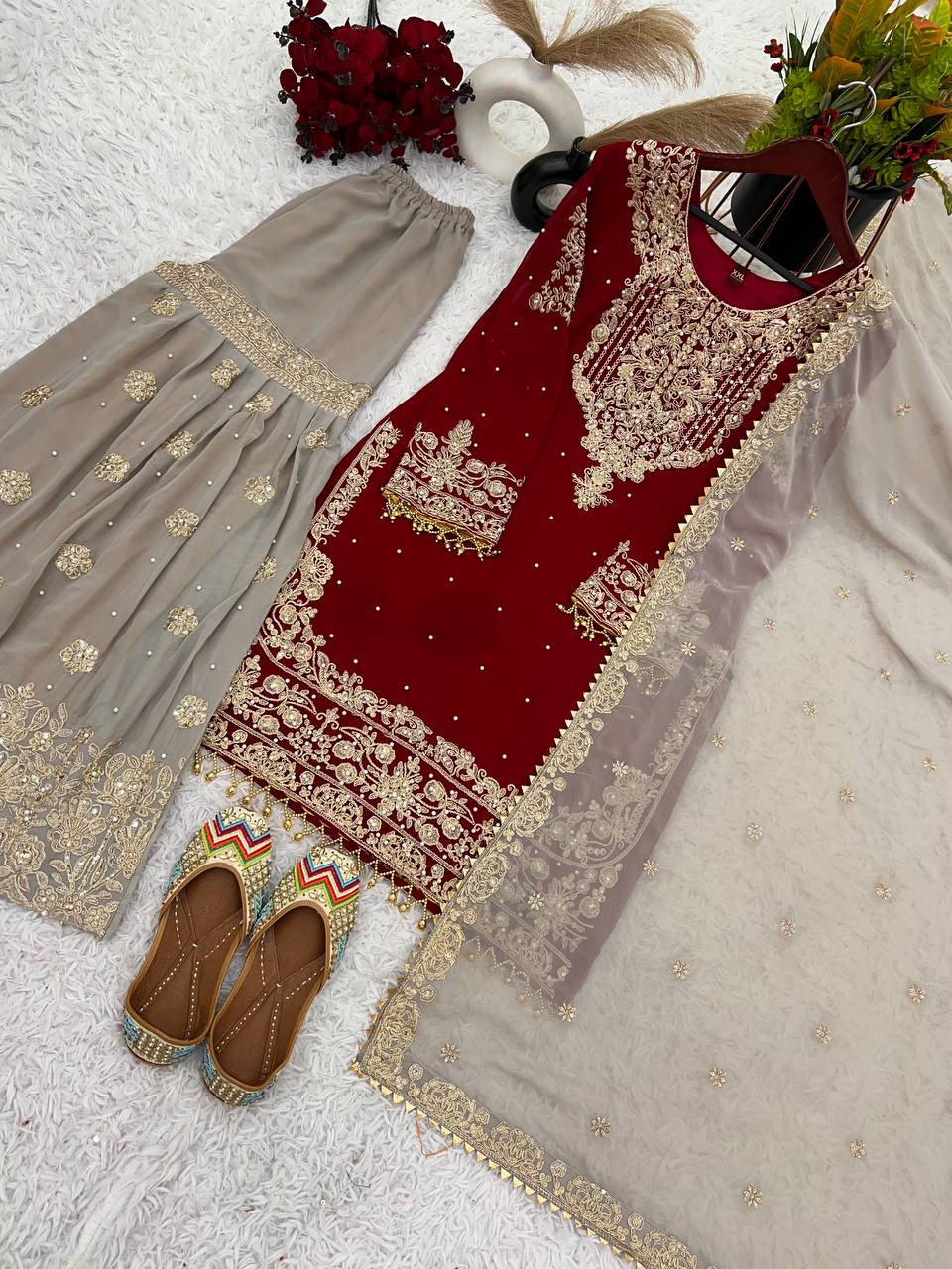 AAvaran Faux Georgette Kurta with Sharara Suit | AAvaran Kurti Set with dupatta & Sharara Plazo