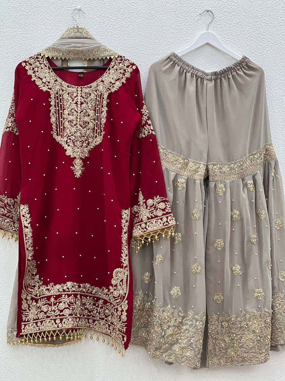 AAvaran Faux Georgette Kurta with Sharara Suit | AAvaran Kurti Set with dupatta & Sharara Plazo