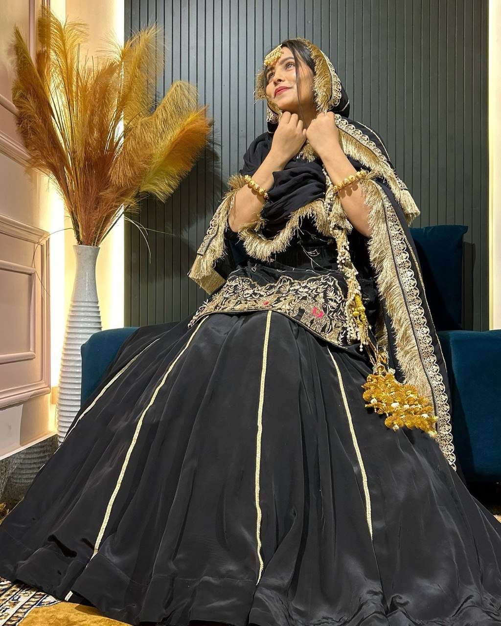 AAvaran AAvaran Natural Crepe Silk Lehenga Set with Beads & Thread Work Black Lehenga