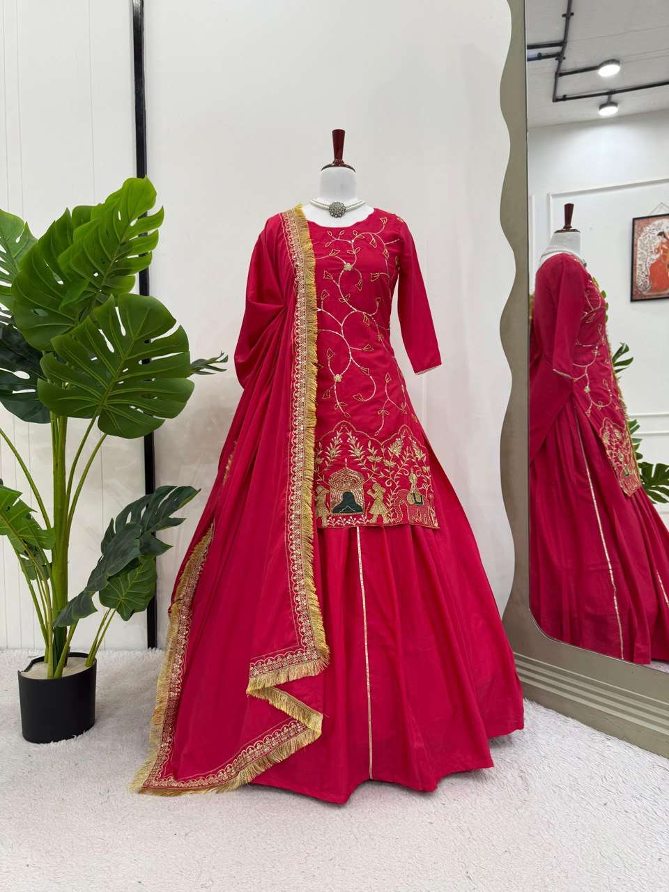 AAvaran AAvaran Natural Crepe Silk Lehenga Set with Beads & Thread Work Cherry Red Lehenga