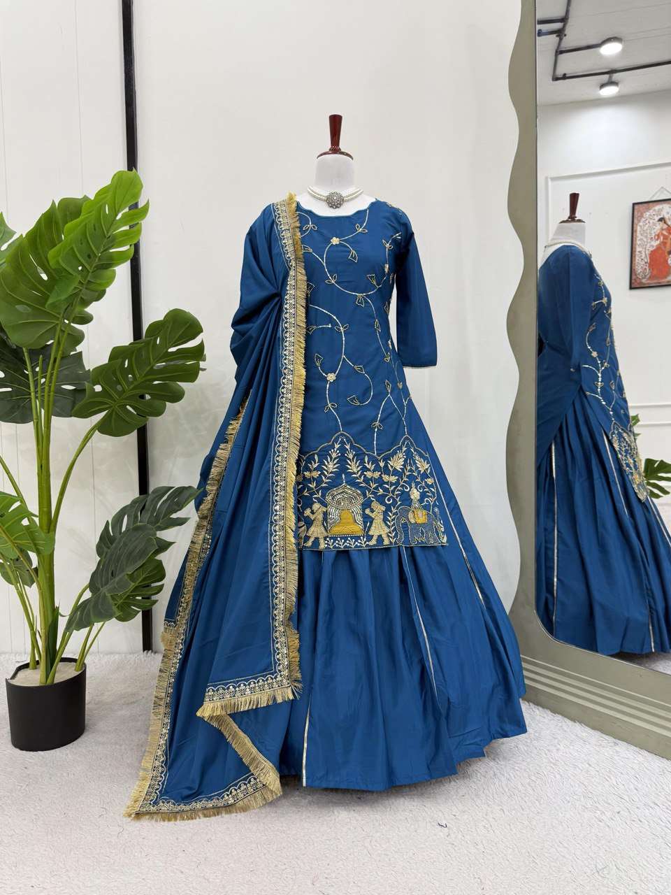 AAvaran AAvaran Natural Crepe Silk Lehenga Set with Beads & Thread Work Cobalt blue Lehenga