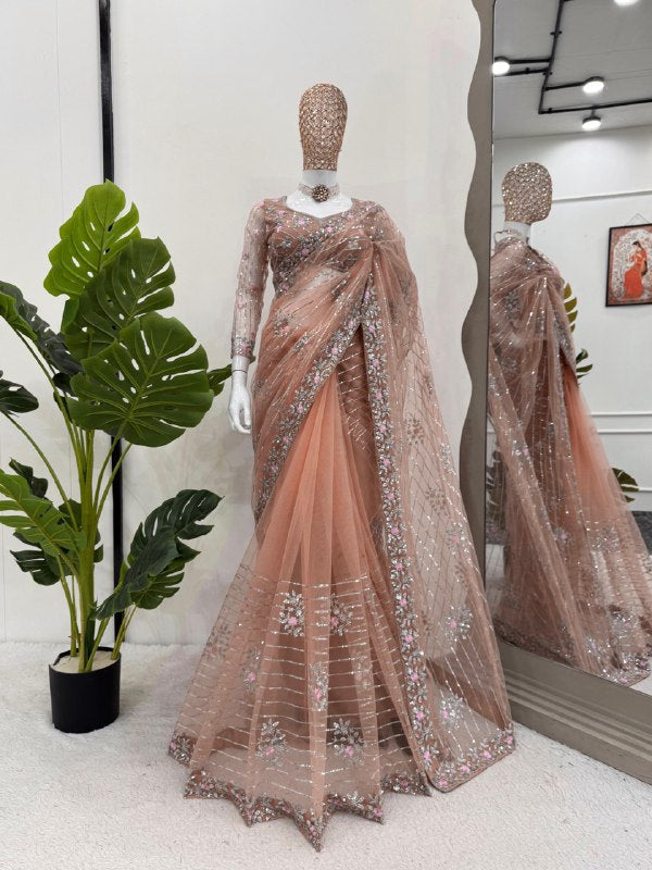 AAvaran AAvaran Peach Soft Net Saree Twill Net Saree