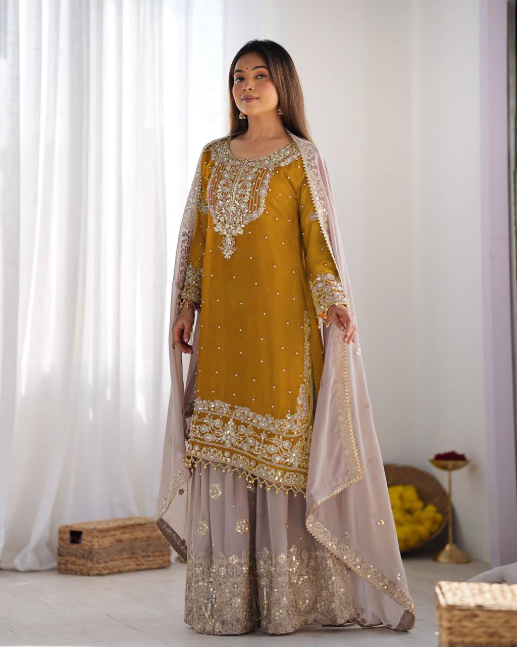 AAvaran Faux Georgette Kurta with Sharara Suit | AAvaran Dark Yellow Kurti Set with dupatta & Sharara Plazo