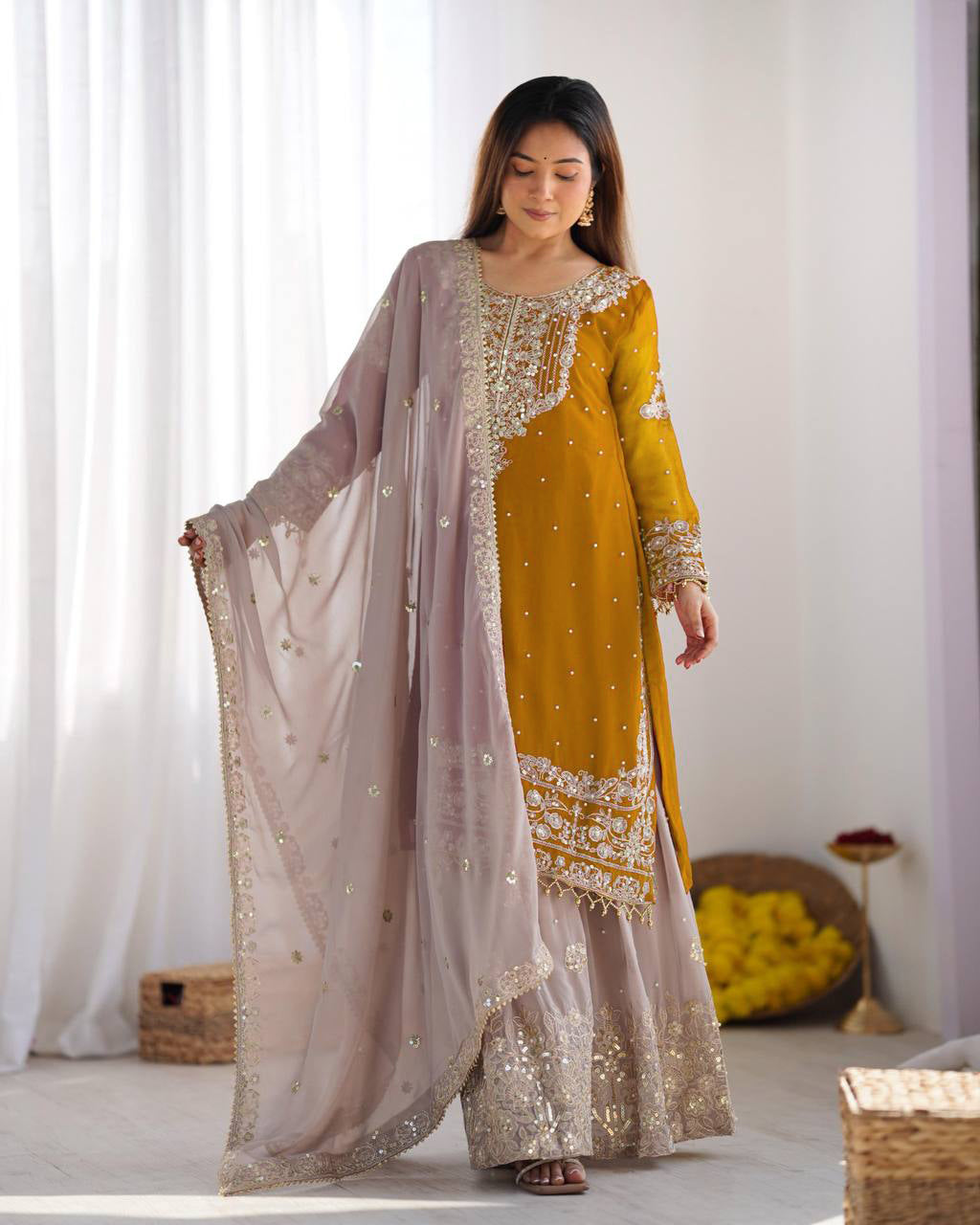 AAvaran Faux Georgette Kurta with Sharara Suit | AAvaran Kurti Set with dupatta & Sharara Plazo