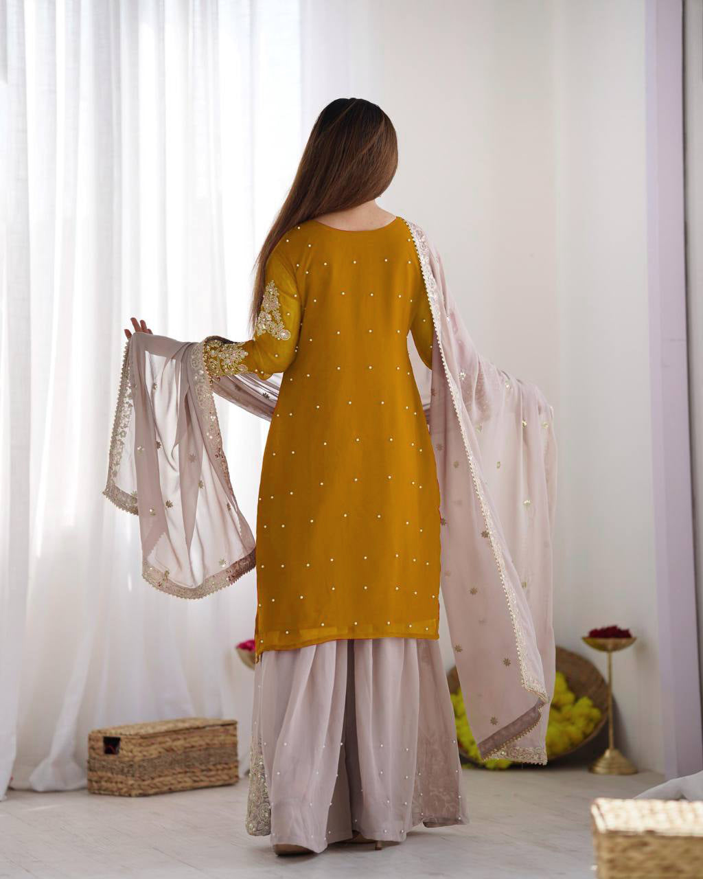 AAvaran Faux Georgette Kurta with Sharara Suit | AAvaran Kurti Set with dupatta & Sharara Plazo